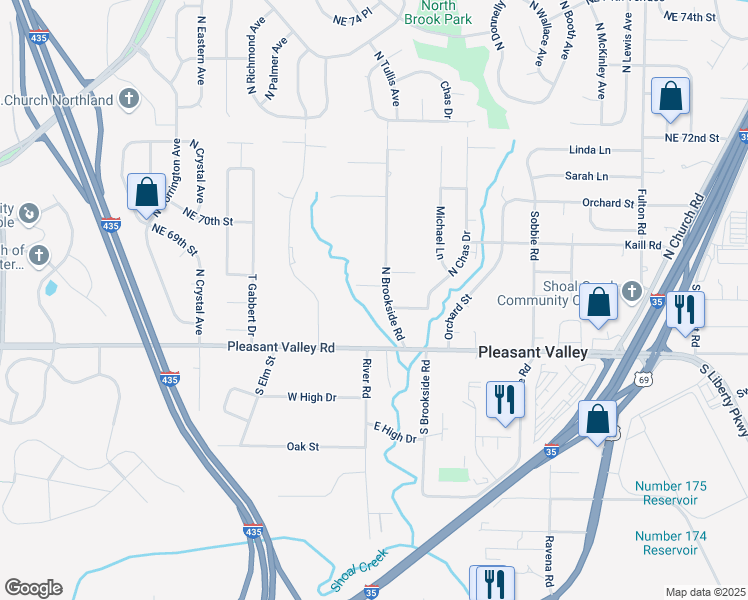 map of restaurants, bars, coffee shops, grocery stores, and more near 6808 North Brookside Road in Pleasant Valley