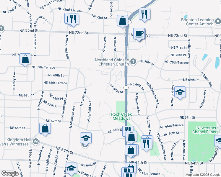 map of restaurants, bars, coffee shops, grocery stores, and more near 2303 Northeast 68th Street in Kansas City