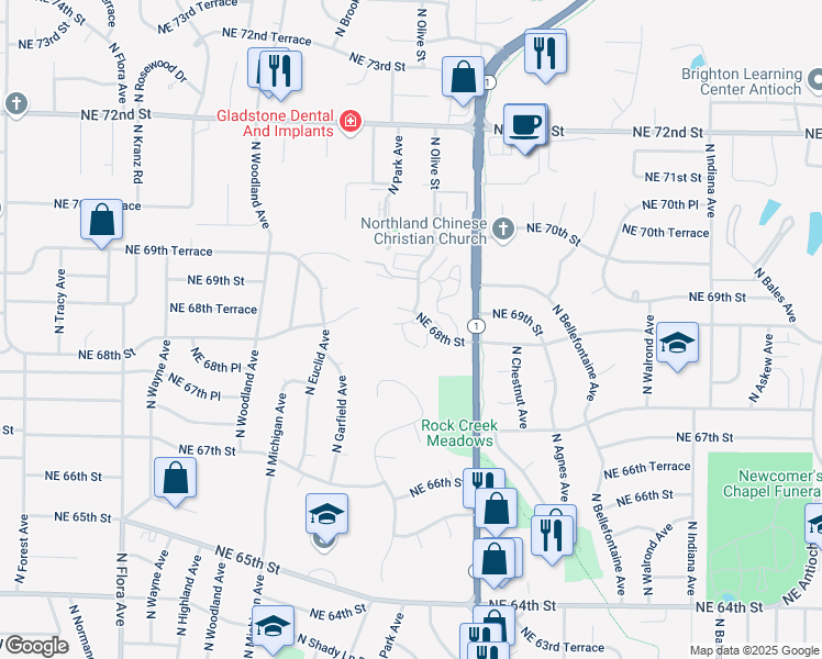 map of restaurants, bars, coffee shops, grocery stores, and more near 2303 Northeast 68th Street in Kansas City
