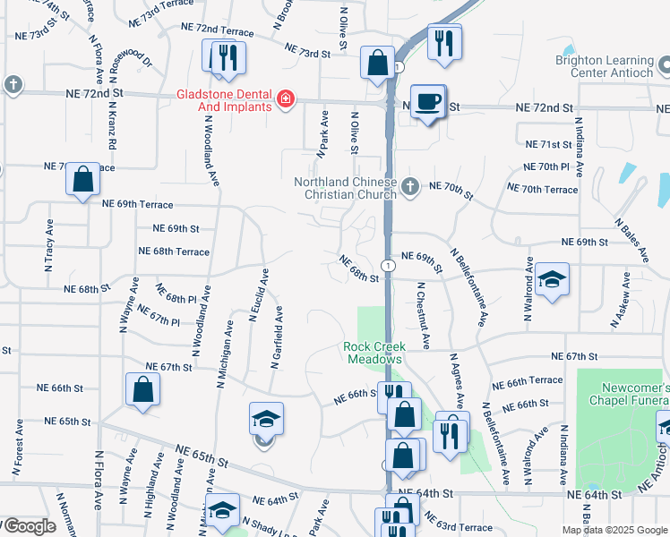 map of restaurants, bars, coffee shops, grocery stores, and more near 2303 Northeast 68th Street in Kansas City