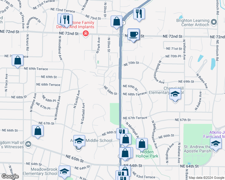 map of restaurants, bars, coffee shops, grocery stores, and more near 2410 Northeast 68th Street in Gladstone