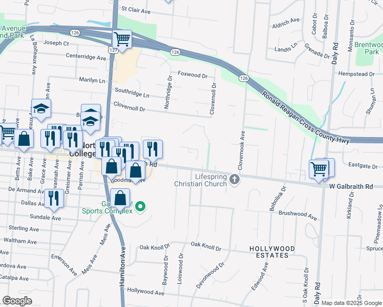 map of restaurants, bars, coffee shops, grocery stores, and more near 1498 West Galbraith Road in Cincinnati