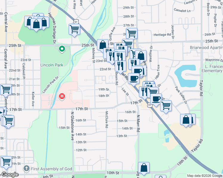 map of restaurants, bars, coffee shops, grocery stores, and more near 1816 Beam Road in Columbus