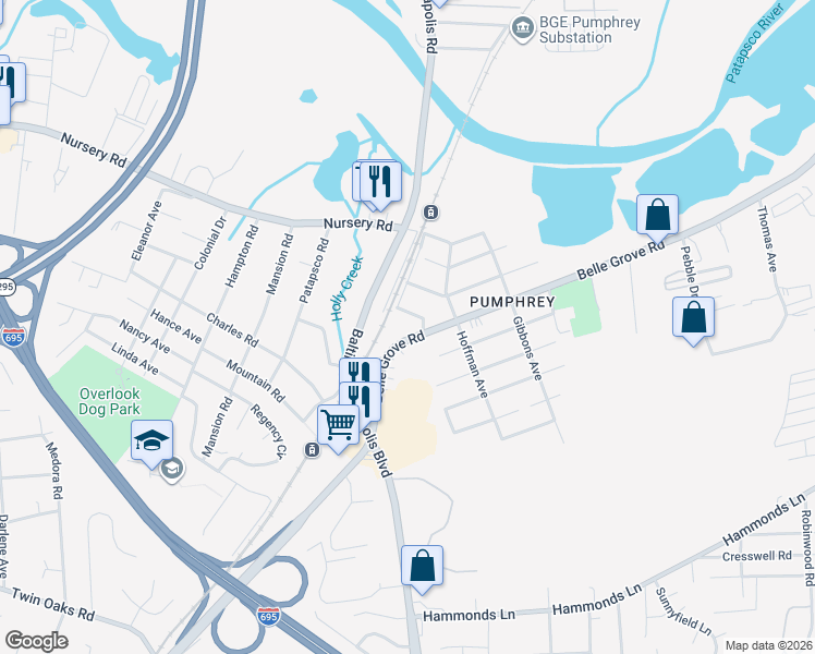 map of restaurants, bars, coffee shops, grocery stores, and more near 6028 Belle Grove Road in Baltimore