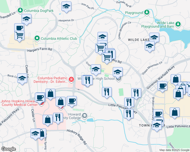 map of restaurants, bars, coffee shops, grocery stores, and more near 10481 Cross Fox Lane in Columbia
