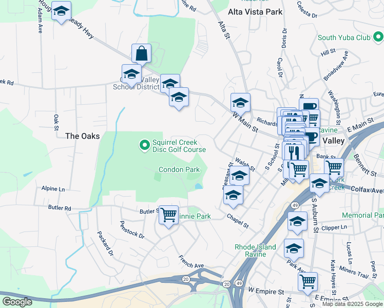 map of restaurants, bars, coffee shops, grocery stores, and more near 190 Scotia Pines Circle in Grass Valley