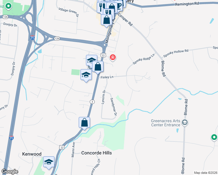 map of restaurants, bars, coffee shops, grocery stores, and more near 8920 Sandymar Drive in Cincinnati