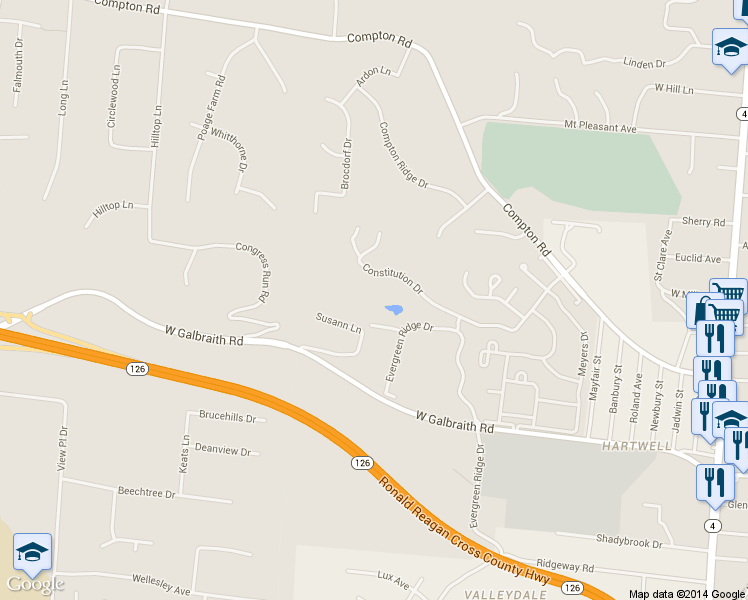 map of restaurants, bars, coffee shops, grocery stores, and more near 5515 Evergreen Ridge Drive in Cincinnati