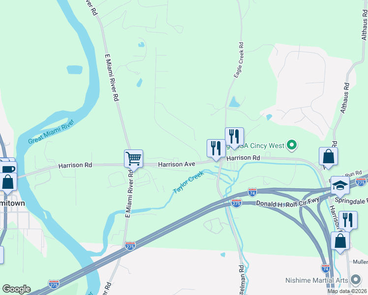 map of restaurants, bars, coffee shops, grocery stores, and more near 7135 Hunters Ridge Lane in Cincinnati