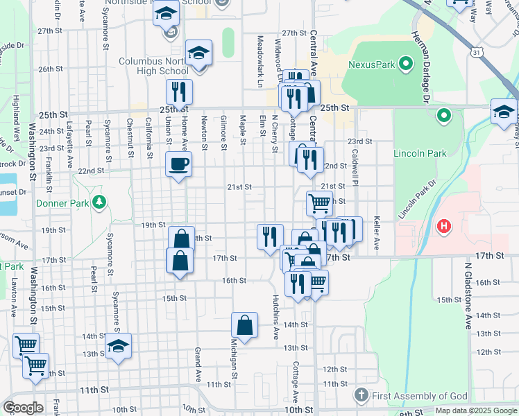 map of restaurants, bars, coffee shops, grocery stores, and more near 1811 Maple Street in Columbus