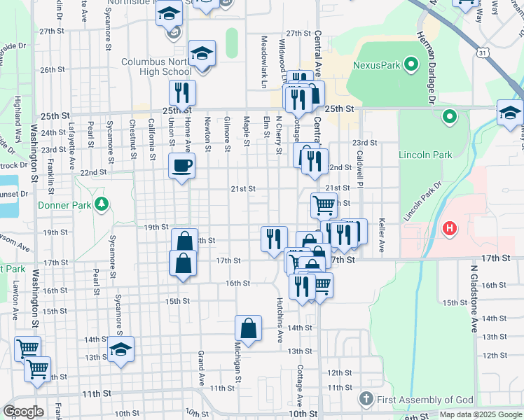 map of restaurants, bars, coffee shops, grocery stores, and more near 1811 Maple Street in Columbus