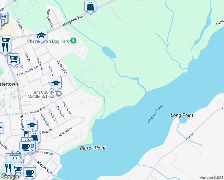 map of restaurants, bars, coffee shops, grocery stores, and more near 501 East Campus Avenue in Chestertown