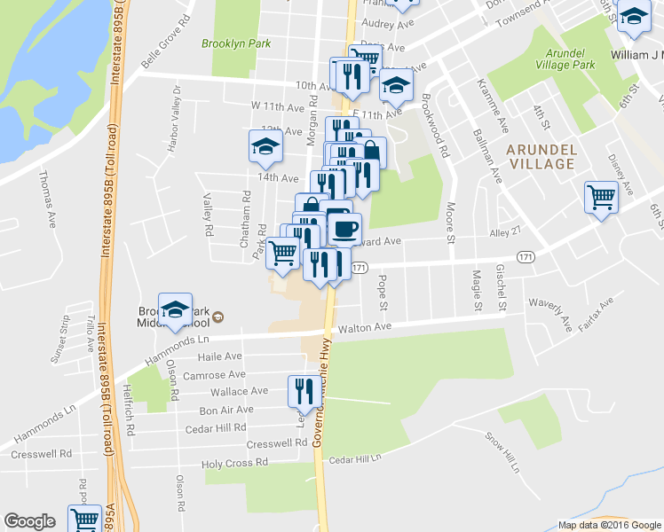 map of restaurants, bars, coffee shops, grocery stores, and more near 5636 Ritchie Highway in Brooklyn Park