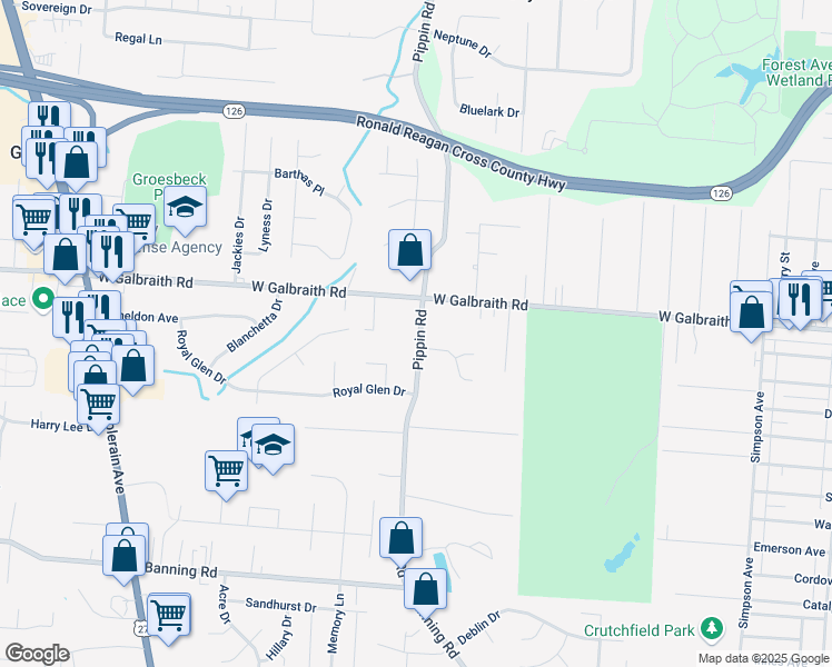 map of restaurants, bars, coffee shops, grocery stores, and more near 7970 Pippin Road in Cincinnati