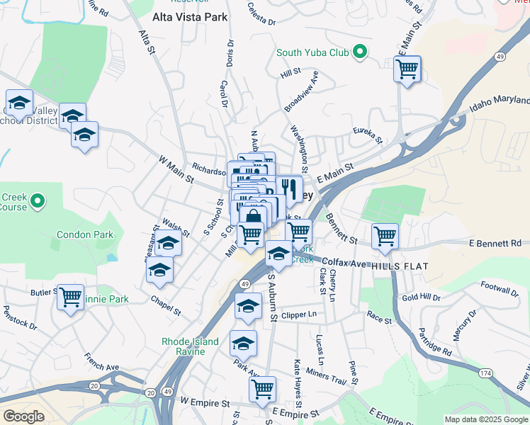map of restaurants, bars, coffee shops, grocery stores, and more near 126 South Auburn Street in Grass Valley