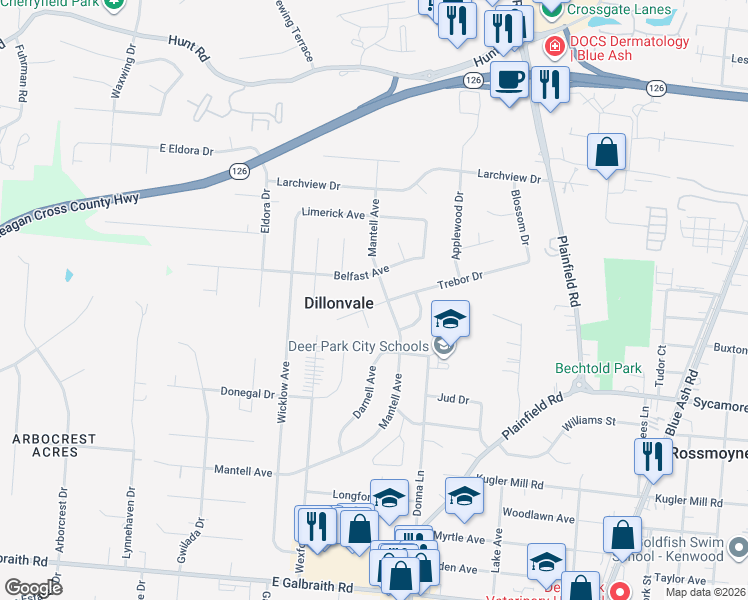 map of restaurants, bars, coffee shops, grocery stores, and more near 8616 Dundalk Court in Cincinnati