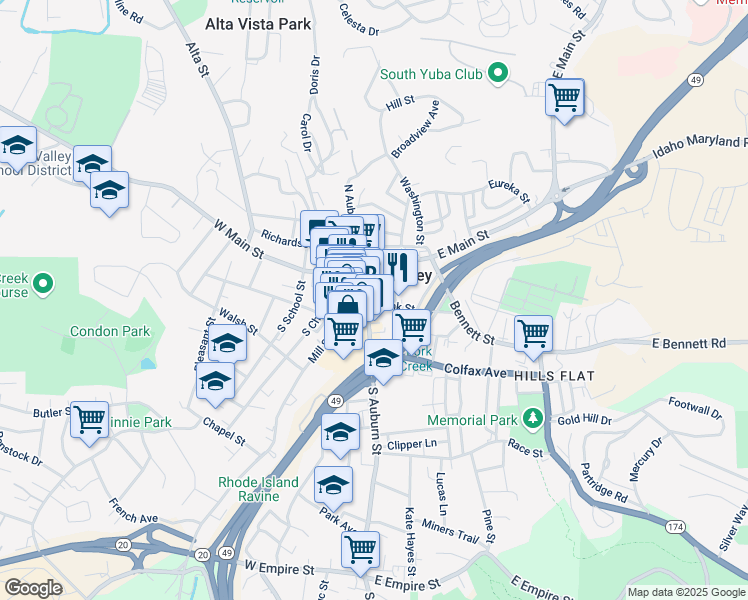 map of restaurants, bars, coffee shops, grocery stores, and more near 150 South Auburn Street in Grass Valley