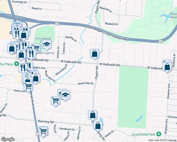 map of restaurants, bars, coffee shops, grocery stores, and more near 2545 Galbraith Road in Cincinnati