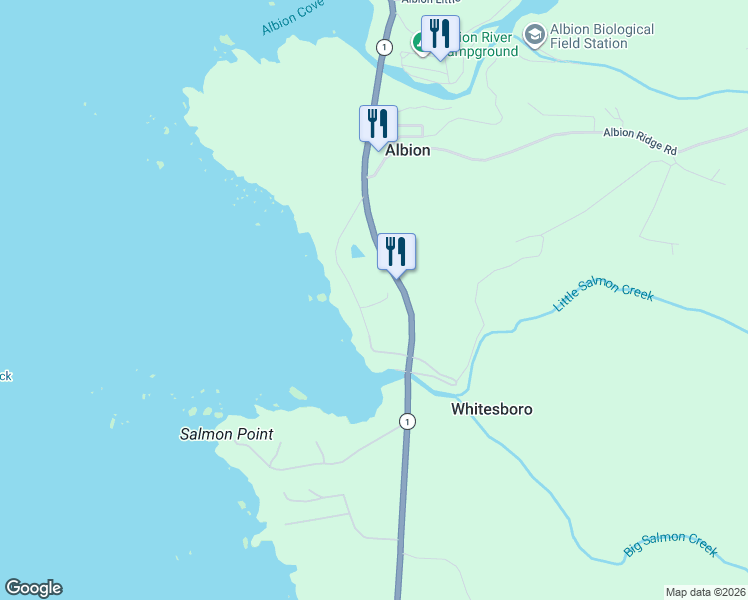 map of restaurants, bars, coffee shops, grocery stores, and more near Shoreline Hwy in Mendocino