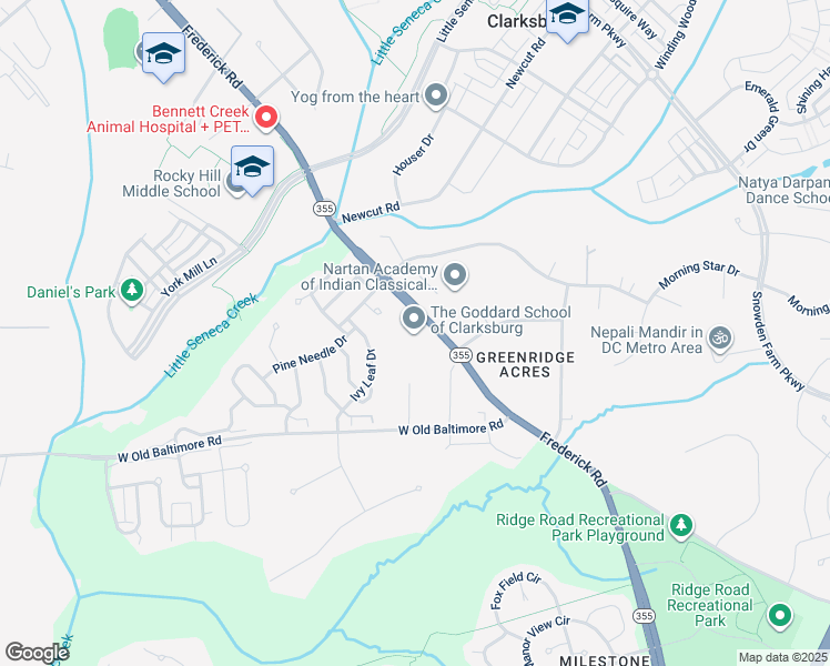 map of restaurants, bars, coffee shops, grocery stores, and more near 22010 Frederick Road in Boyds