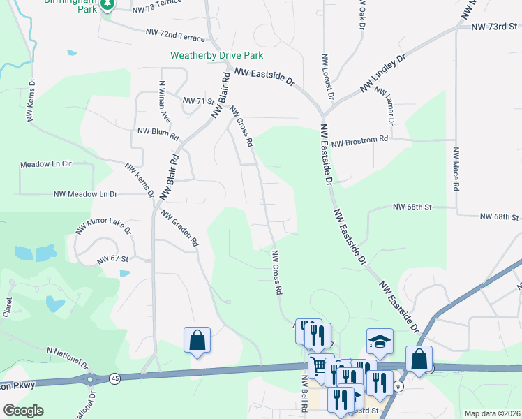 map of restaurants, bars, coffee shops, grocery stores, and more near 6811 Northwest Pleasant View Drive in Kansas City