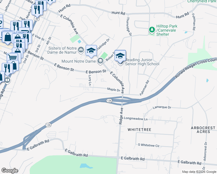 map of restaurants, bars, coffee shops, grocery stores, and more near 735 East Benson Street in Cincinnati