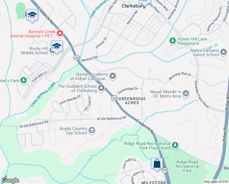 map of restaurants, bars, coffee shops, grocery stores, and more near 12221 Greenridge Drive in Boyds