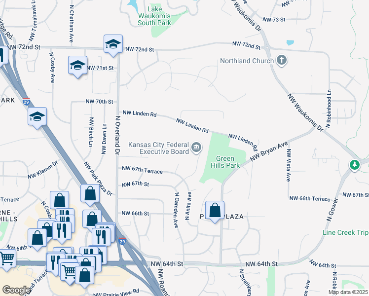 map of restaurants, bars, coffee shops, grocery stores, and more near in Lake Waukomis