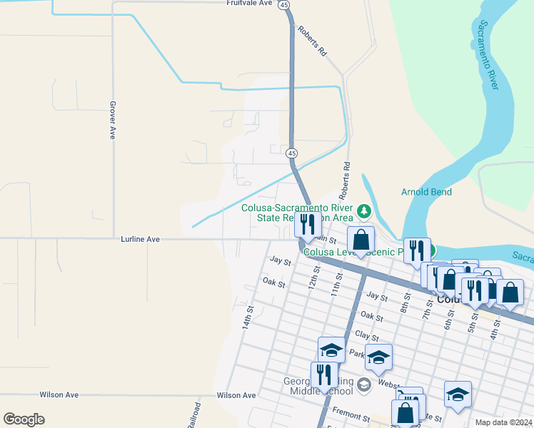 map of restaurants, bars, coffee shops, grocery stores, and more near 1450 Lake Ave in Colusa