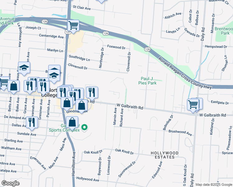 map of restaurants, bars, coffee shops, grocery stores, and more near 1498 West Galbraith Road in Cincinnati