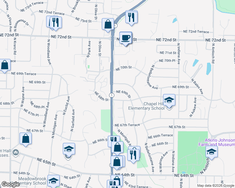 map of restaurants, bars, coffee shops, grocery stores, and more near 2600 Northeast 69th Street in Kansas City