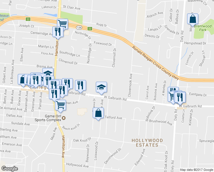 map of restaurants, bars, coffee shops, grocery stores, and more near 6925 Kleindale Avenue in Cincinnati