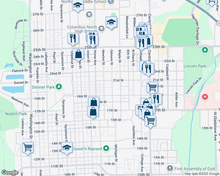 map of restaurants, bars, coffee shops, grocery stores, and more near 2035 Gilmore Street in Columbus