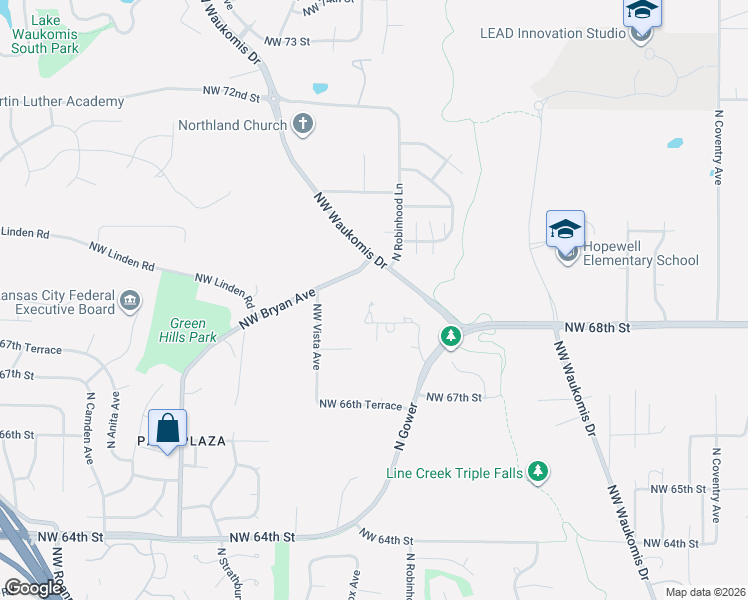 map of restaurants, bars, coffee shops, grocery stores, and more near 3707 Northwest Bryan Avenue in Kansas City