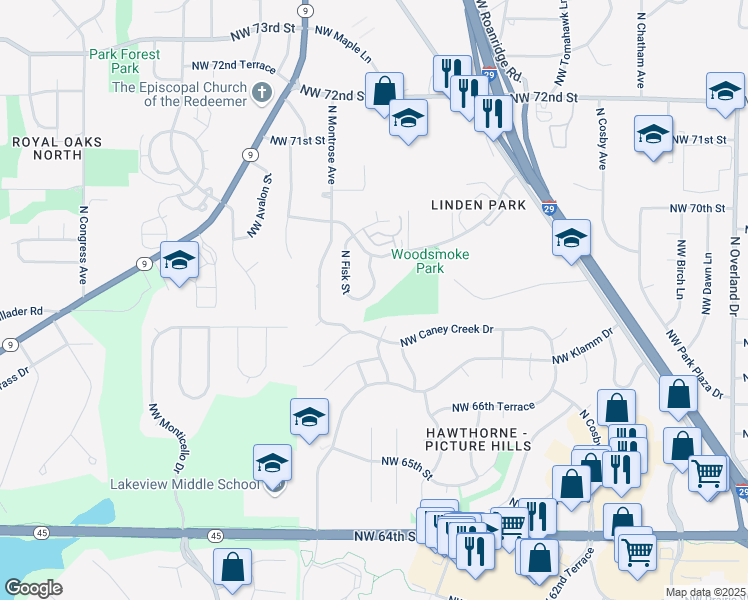 map of restaurants, bars, coffee shops, grocery stores, and more near 6818 Northwest Mokane Avenue in Kansas City
