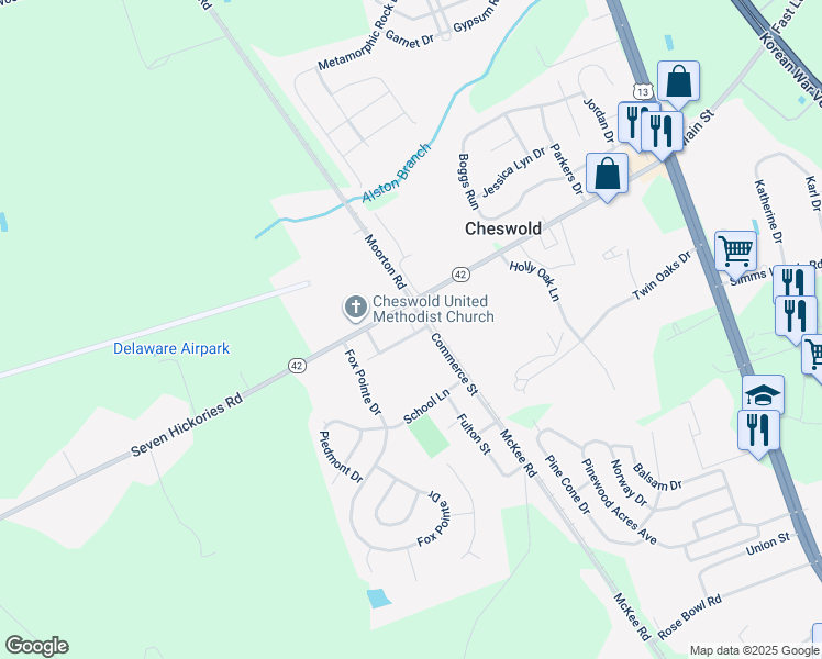 map of restaurants, bars, coffee shops, grocery stores, and more near 215 Commerce Street in Cheswold