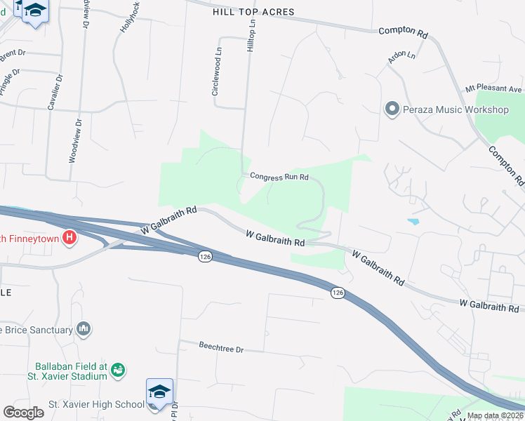 map of restaurants, bars, coffee shops, grocery stores, and more near 187 Congress Run Road in Cincinnati