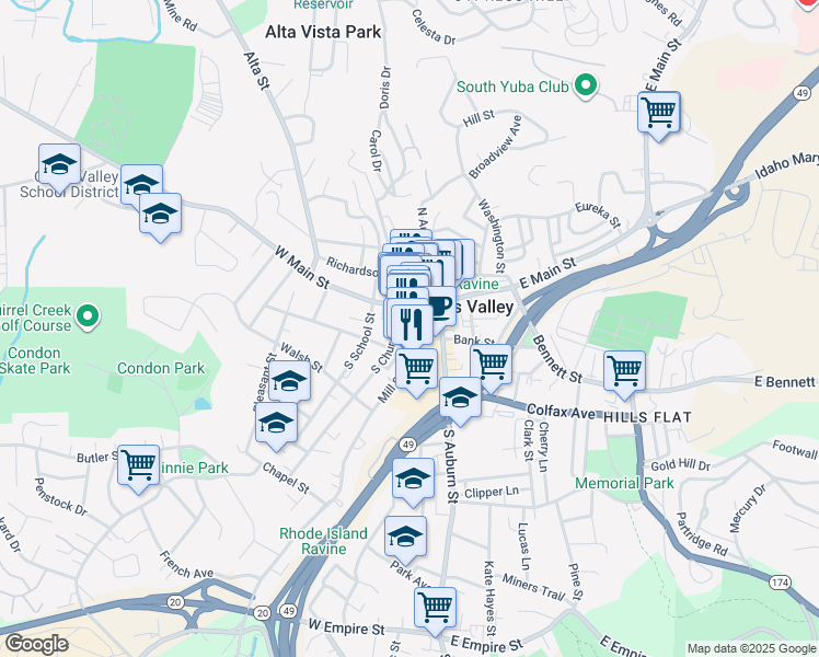 map of restaurants, bars, coffee shops, grocery stores, and more near 213 West Main Street in Grass Valley
