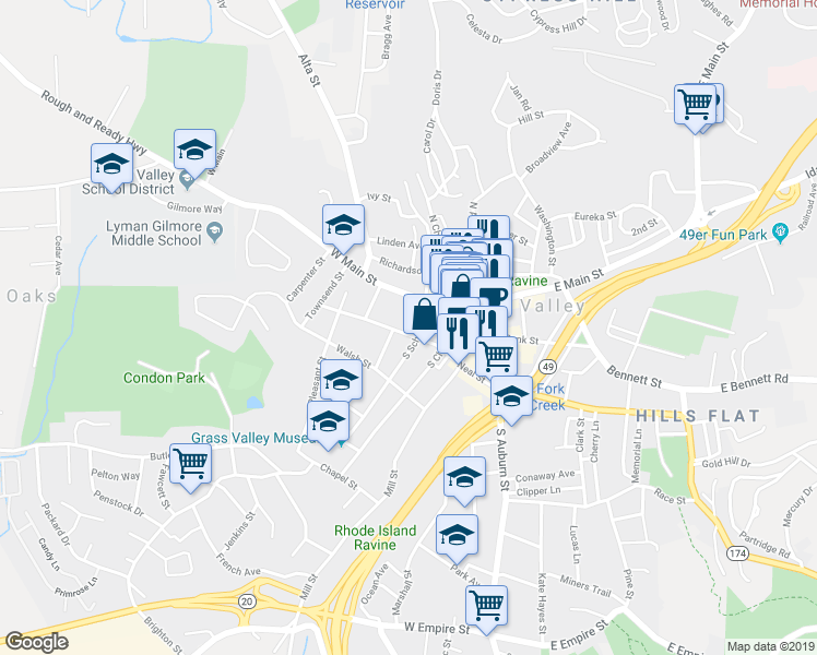 map of restaurants, bars, coffee shops, grocery stores, and more near 405 West Main Street in Grass Valley