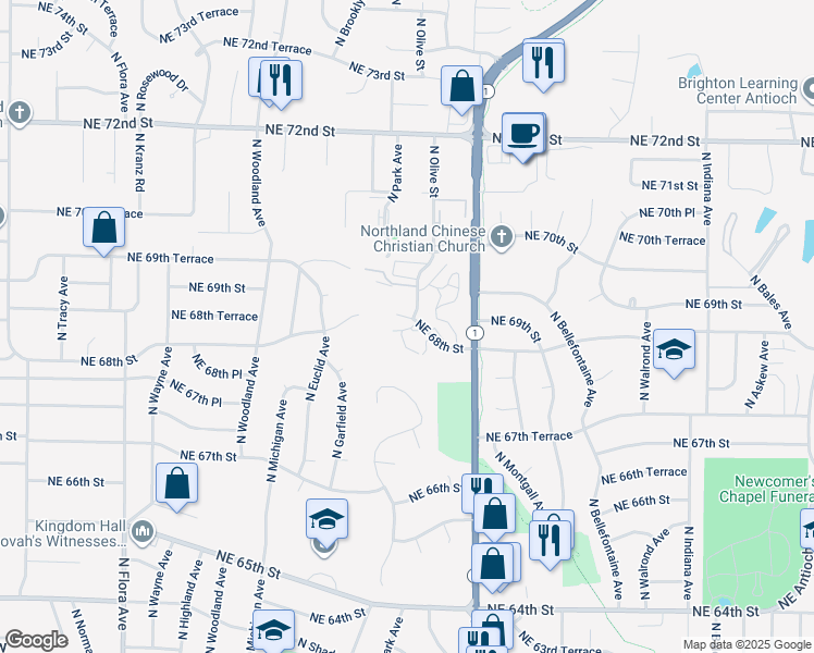 map of restaurants, bars, coffee shops, grocery stores, and more near 2300 North Olive Street in Gladstone
