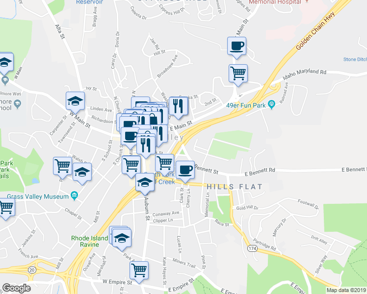 map of restaurants, bars, coffee shops, grocery stores, and more near 102 Bennett Street in Grass Valley