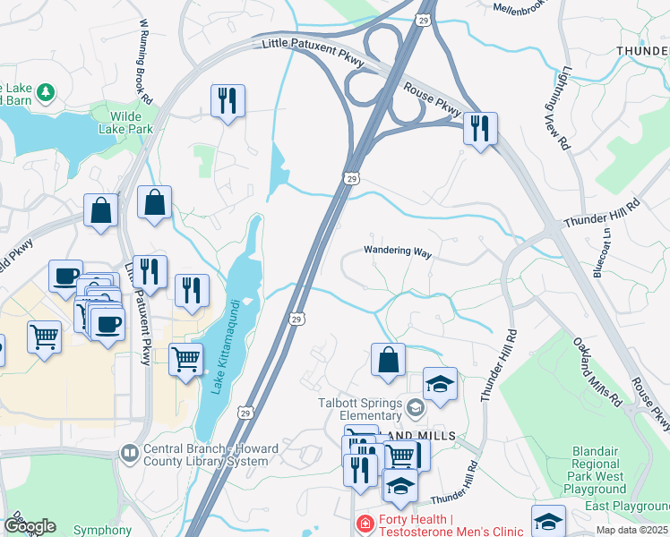 map of restaurants, bars, coffee shops, grocery stores, and more near 9532 Wandering Way in Columbia