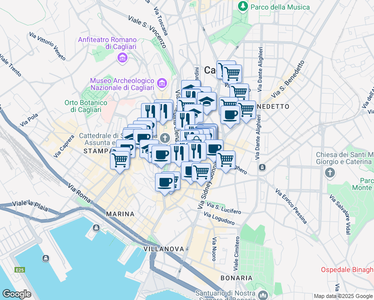 map of restaurants, bars, coffee shops, grocery stores, and more near Via Giovanni Antonio Piccioni in Cagliari