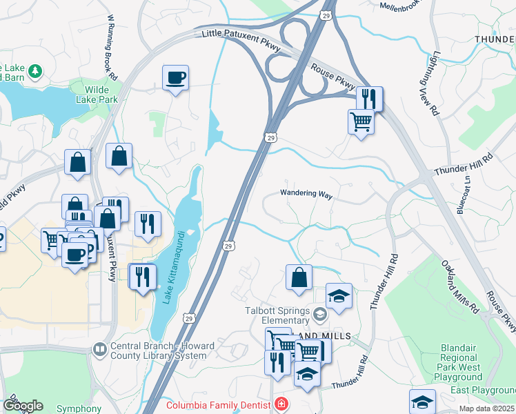 map of restaurants, bars, coffee shops, grocery stores, and more near 9532 Wandering Way in Columbia