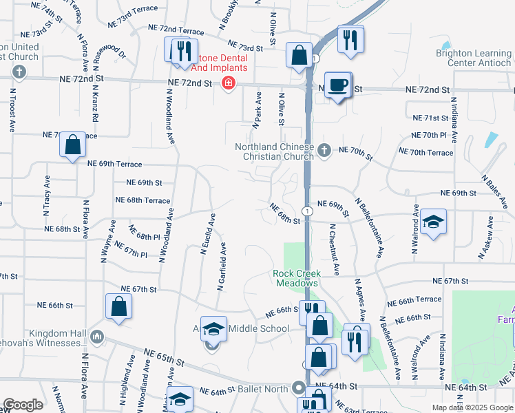 map of restaurants, bars, coffee shops, grocery stores, and more near 2309 Northeast 68th Street in Kansas City