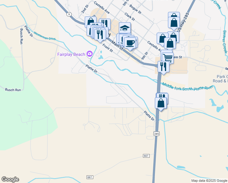 map of restaurants, bars, coffee shops, grocery stores, and more near 720 Trout Creek Drive in Fairplay