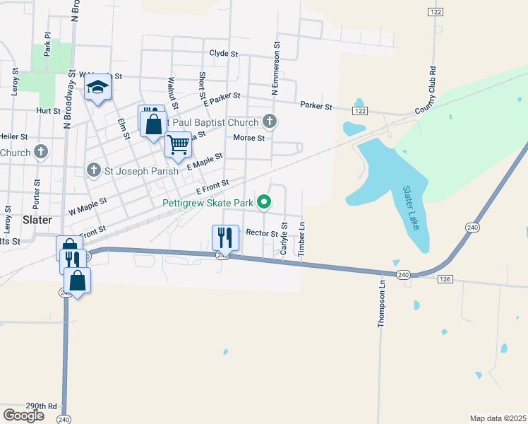 map of restaurants, bars, coffee shops, grocery stores, and more near 298 South Emmerson Street in Slater