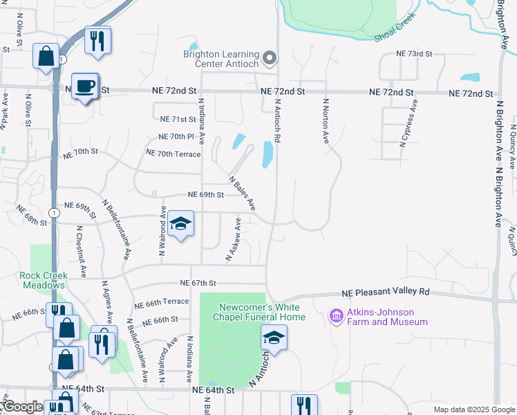 map of restaurants, bars, coffee shops, grocery stores, and more near 3702 Northeast 69th Street in Kansas City