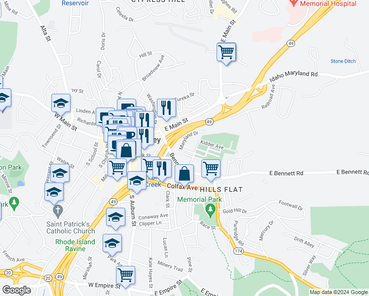 map of restaurants, bars, coffee shops, grocery stores, and more near 104 Valley View Drive in Grass Valley