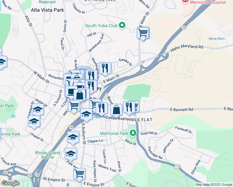 map of restaurants, bars, coffee shops, grocery stores, and more near 404 Maryland Drive in Grass Valley